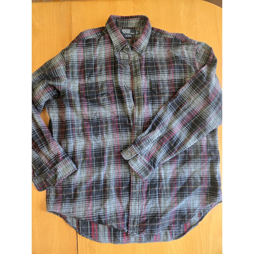 VTG Polo Ralph Lauren Flannel Shirt Men XL Black White Plaid Button Down Pocket